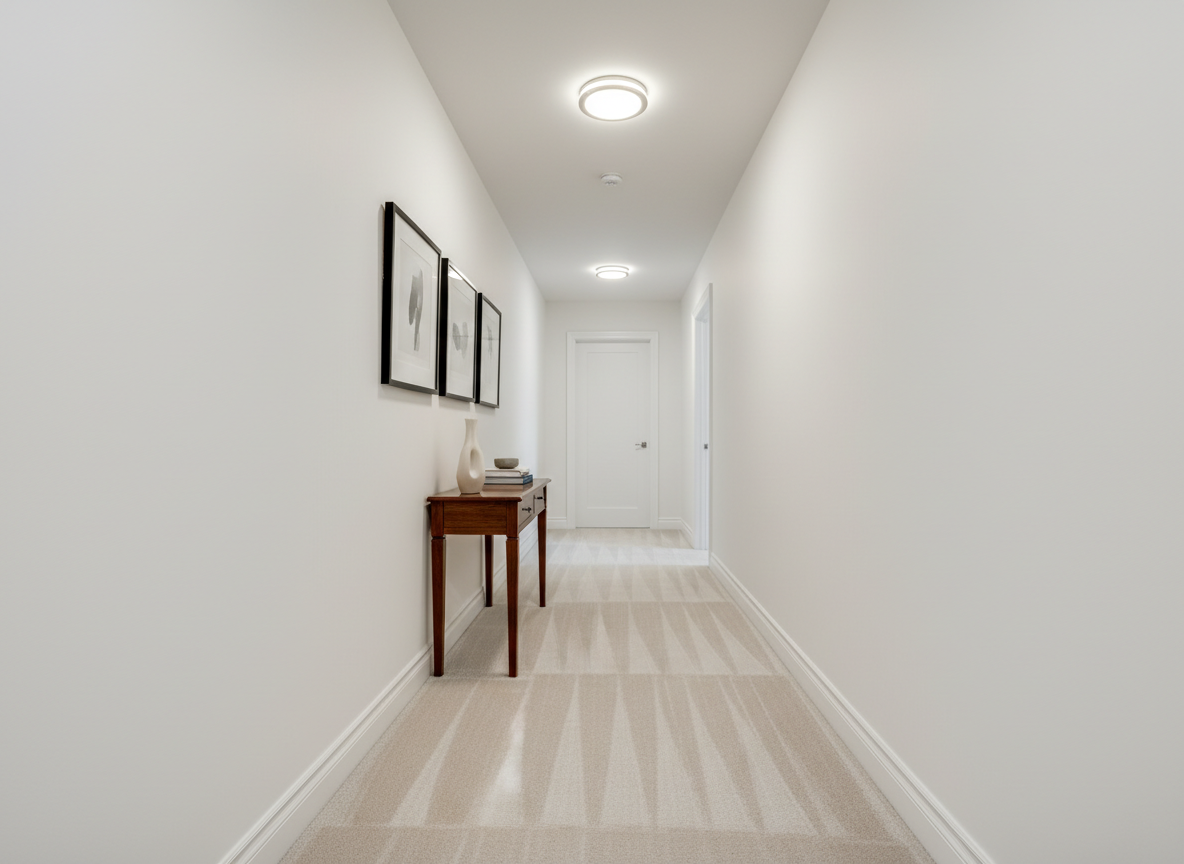 An ultra-clean residential hallway in a Rive-Nord home, featuring freshly vacuumed light-beige carpet with visible, neat vacuum lines, perfectly wiped white baseboards, and dust-free framed artwork on the walls. A small console table with a polished wooden surface stands against one side, gleaming under the soft warm light of a modern overhead fixture. The lighting creates gentle, inviting shadows and a cozy glow that still feels impeccably tidy. The mood is welcoming yet highly organized, ideal to represent regular maintenance cleaning. Photographic realism, eye-level composition using the rule of thirds, with strong linear perspective leading the viewer’s eye down the length of the hall.