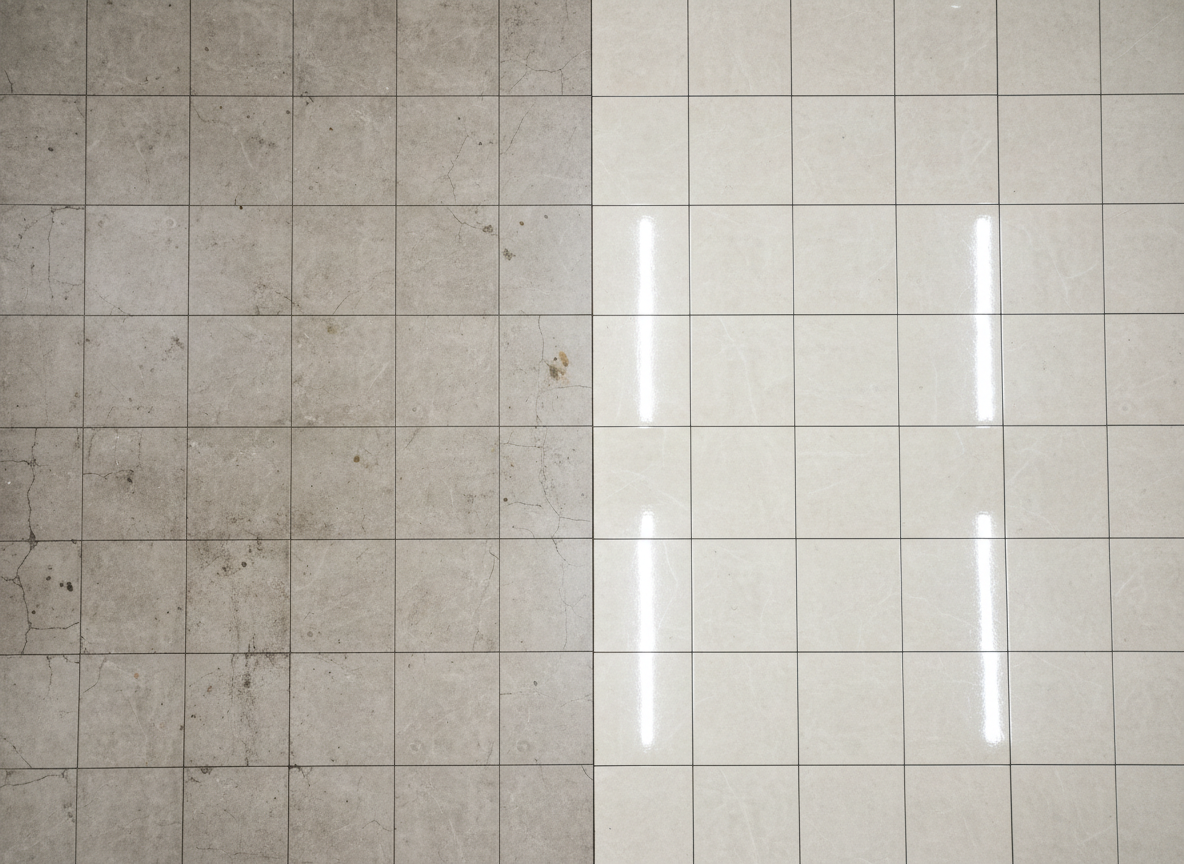 A dramatic before-and-after style image of a large tiled floor in a commercial lobby, focusing purely on surfaces with no people. One half of the frame shows dull, slightly grimy tiles and scuffed grout, while the other half reveals intensely polished, bright tiles with rejuvenated grout lines, clearly indicating professional deep cleaning. Overhead LED lighting reflects crisply off the cleaned side, while the unclean side looks matte and lifeless. The atmosphere is transformative and convincing, emphasizing the impact of a grand ménage. Photographic realism, shot directly from above with a bird’s-eye view, symmetrical composition, and high resolution to highlight texture differences.