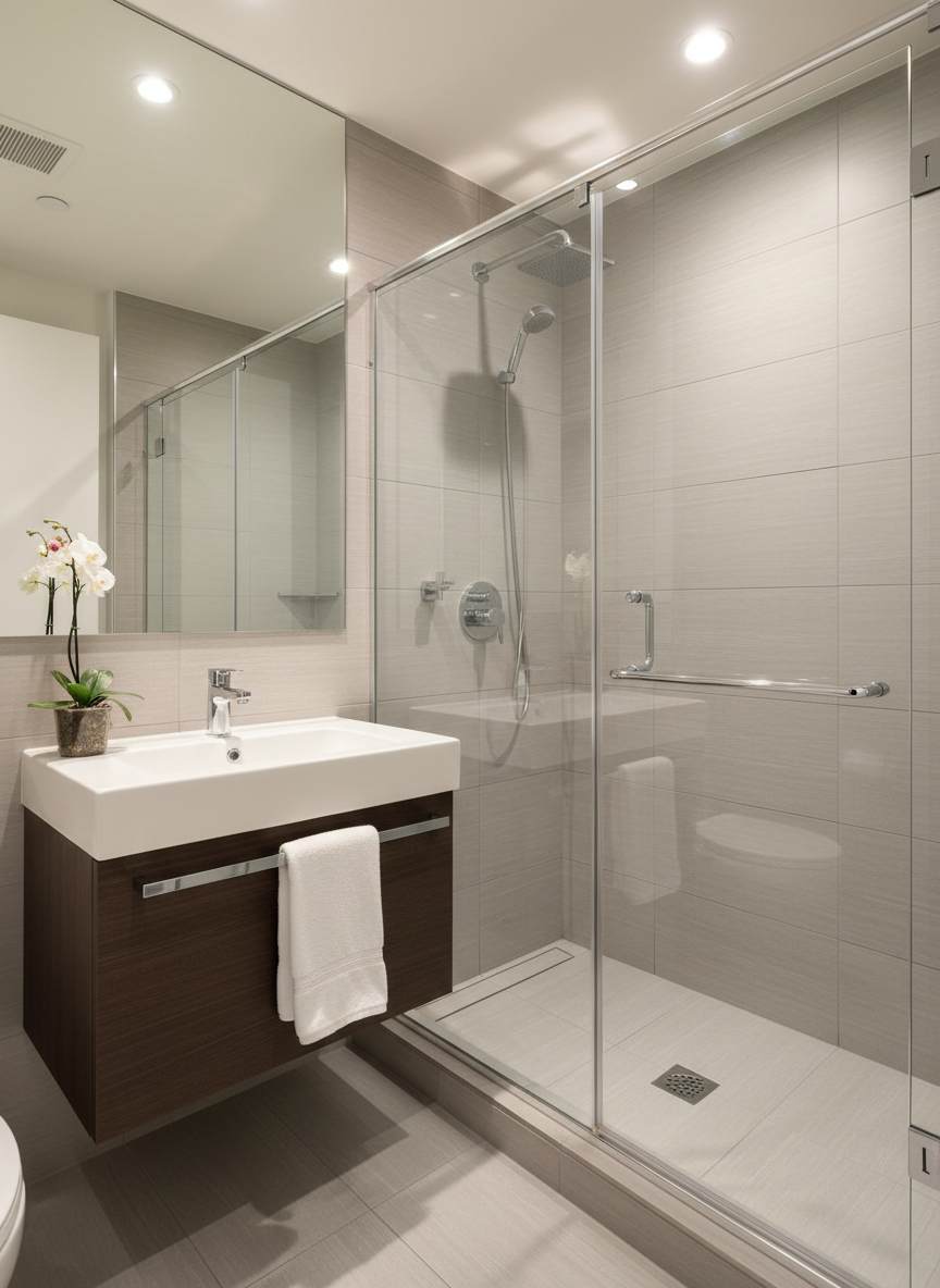 A luxurious, freshly sanitized bathroom in a Montreal apartment, featuring a glass-enclosed shower with perfectly clear panels, a gleaming white porcelain sink, and chrome fixtures that shine under warm recessed ceiling lights. The large-format ceramic tiles on walls and floor appear flawlessly clean, with no water spots or soap scum. Subtle reflections shimmer on the glass and metal surfaces, while soft shadows add depth around the vanity and under the sink. The mood is hygienic, serene, and slightly upscale, ideal for highlighting meticulous bathroom cleaning. Photographic realism, shot at eye level with a wide-angle lens, capturing the full room in crisp detail and a bright, modern look.