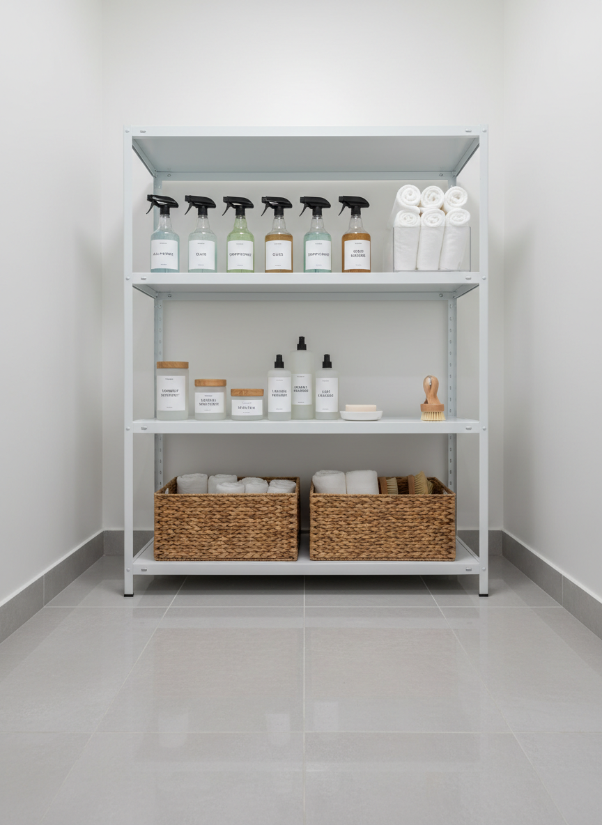 A meticulously organized cleaning supply station in a small utility room, with labeled transparent spray bottles, neatly folded white microfiber cloths, and eco-friendly cleaning products arranged on white metal shelves. The tiled floor is spotless and slightly reflective, and the walls are a clean matte white. Soft, even studio-style lighting eliminates harsh shadows and accentuates the clarity and order of the space. The mood is professional, trustworthy, and methodical, underscoring the reliability and preparedness of a cleaning service. Photographic realism, captured at eye level with a slightly wide frame, emphasizing symmetry and a minimalist, modern aesthetic.