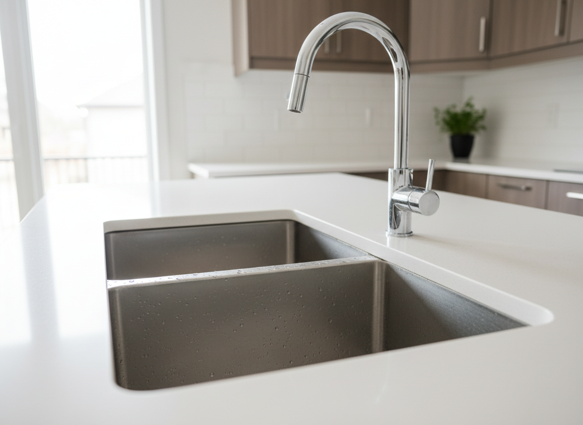 A close-up view of a spotless stainless-steel kitchen sink and countertop in a suburban home on the Rive-Sud, with water droplets beading elegantly on the perfectly polished metal. White quartz countertops are immaculate, with no stains or crumbs, and the chrome faucet shines under the light. Bright, diffused daylight from a nearby window highlights the sink’s reflective surfaces and casts soft shadows on the backsplash. The atmosphere feels hygienic, fresh, and invigorating, perfect for illustrating deep kitchen cleaning. Photographic realism, shot at a slightly elevated angle with a moderate depth of field, keeping the sink and surrounding counter in sharp focus while softly blurring the background cabinets.
