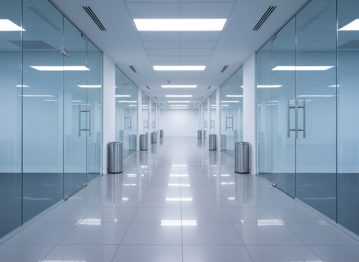 A pristine commercial office corridor in a downtown Montreal building, featuring glossy light-grey tiles, freshly sanitized door handles, and crystal-clear glass partitions leading to meeting rooms. Waste bins are perfectly aligned and empty, and no dust is visible on baseboards or vents. Cool, even LED ceiling lights cast soft, consistent illumination, creating subtle reflections on the polished floor. The mood is professional, orderly, and trustworthy, evoking reliable commercial cleaning services. Photographic realism, captured from a slightly low, centered perspective that emphasizes depth and the length of the corridor, with razor-sharp detail from front to back and a sleek, corporate atmosphere.