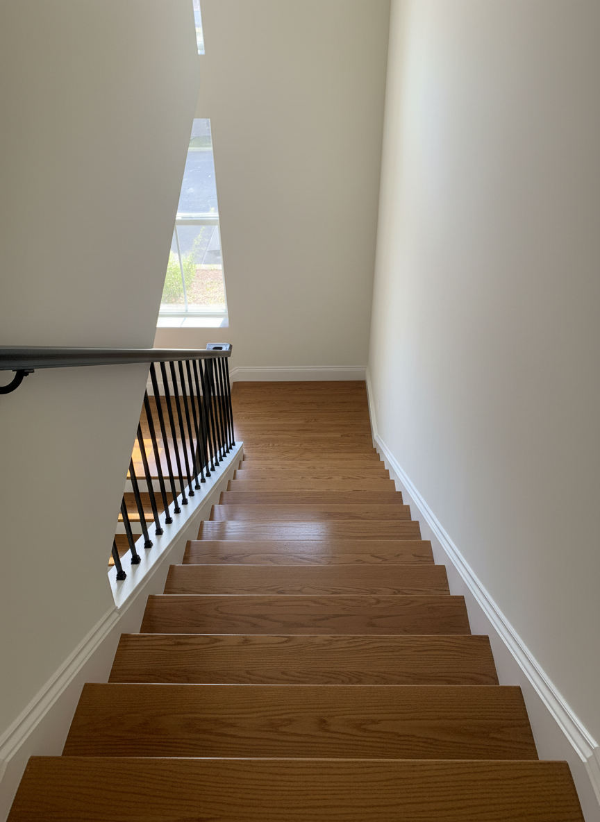 A spotless staircase in a residential duplex, showcasing polished wooden steps without a speck of dust, flawless white risers, and a perfectly wiped black metal handrail free of fingerprints. Light from a nearby window washes down the stairs, creating a soft gradient of brightness and subtle shadows between each step. The walls are unmarked and freshly cleaned, with no smudges near the railing. The mood is safe, orderly, and reassuring, communicating attention to detail in stair and common-area cleaning. Photographic realism, shot from the top of the staircase looking down at a slight angle, with strong leading lines and crisp focus along the entire descent.